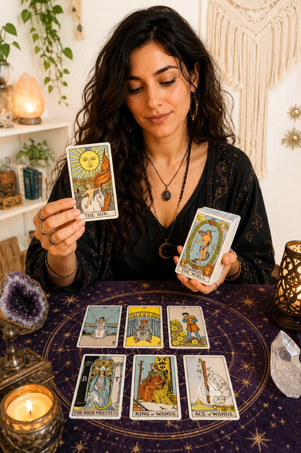 A woman predicting future by using the tarot cards